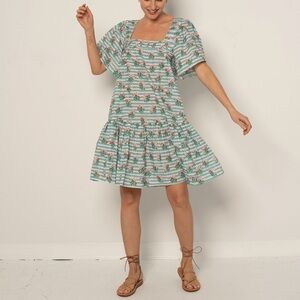 New Ophelia & Indigo Short Fifi Dress Pastel Blue Stripe Floral NWT Casual XS